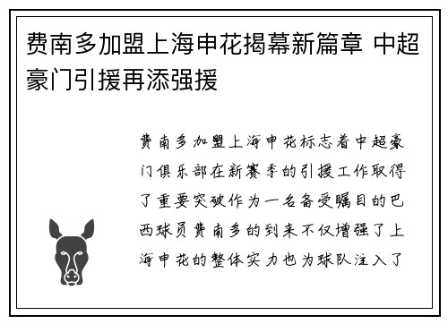 费南多加盟上海申花揭幕新篇章 中超豪门引援再添强援 费南多加盟上海申花揭幕新篇章 中超豪门引援再添强援