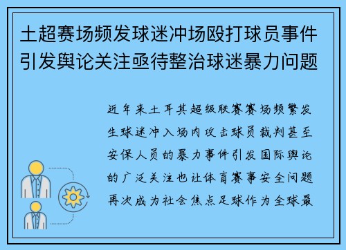 土超赛场频发球迷冲场殴打球员事件引发舆论关注亟待整治球迷暴力问题 土超赛场频发球迷冲场殴打球员事件引发舆论关注亟待整治球迷暴力问题